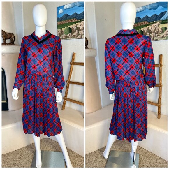 Vintage Dresses & Skirts - Vintage 80s Plaid Blouson Teacher's Dress